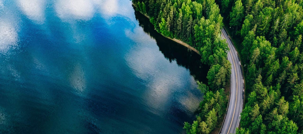 Aerial view of road between green summer forest and blue lake.